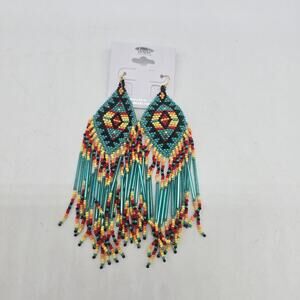 Icon Collection Multicolor Southwest Seed Bead Fringe Hook Earrings Gold Tone